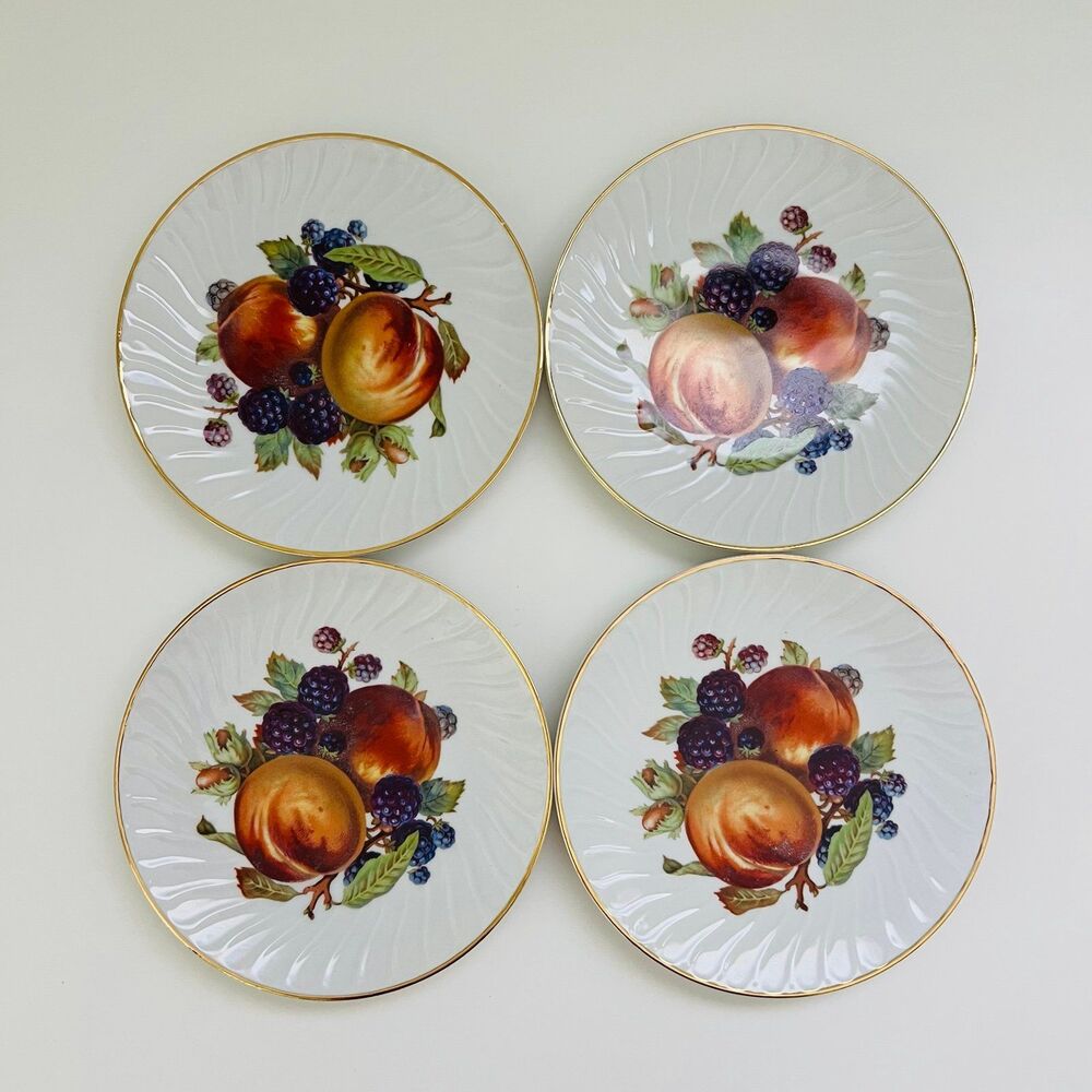 OLD NUREMBERG Bavaria Rippled Fruits Pattern Gold Trim Salad Plate, Set of 4